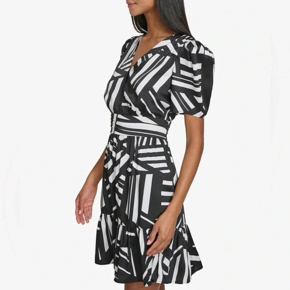 Karl Lagerfeld Short Sleeve Surplice Mini Dress - Size 10 - Black/White - NWT - Picture 3 of 13